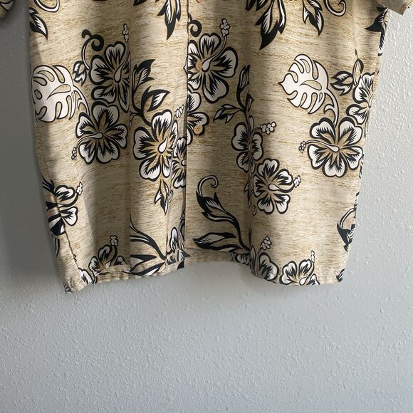 Massini Mens Large Floral Button Up Shirt Short Sleeve Hawaiian Tan Cream - Picture 3 of 7